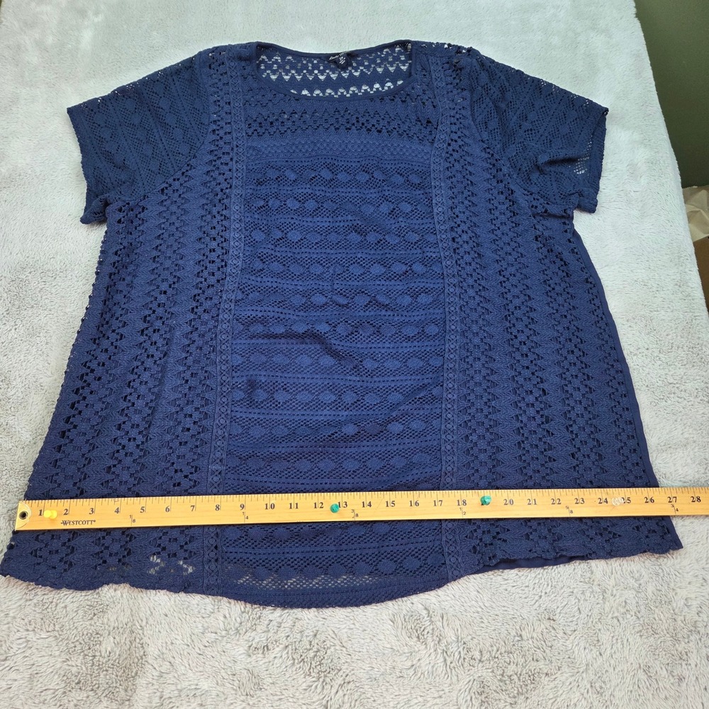 Lucky Brand Crochet Lace Top Womens 2X Short Sleeve Boho Knit Lined Navy Blue